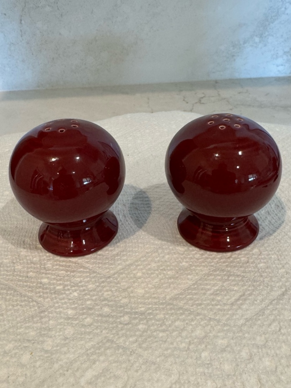 Vintage style Fiesta ceramic salt and pepper shakers in Deep Burgundy